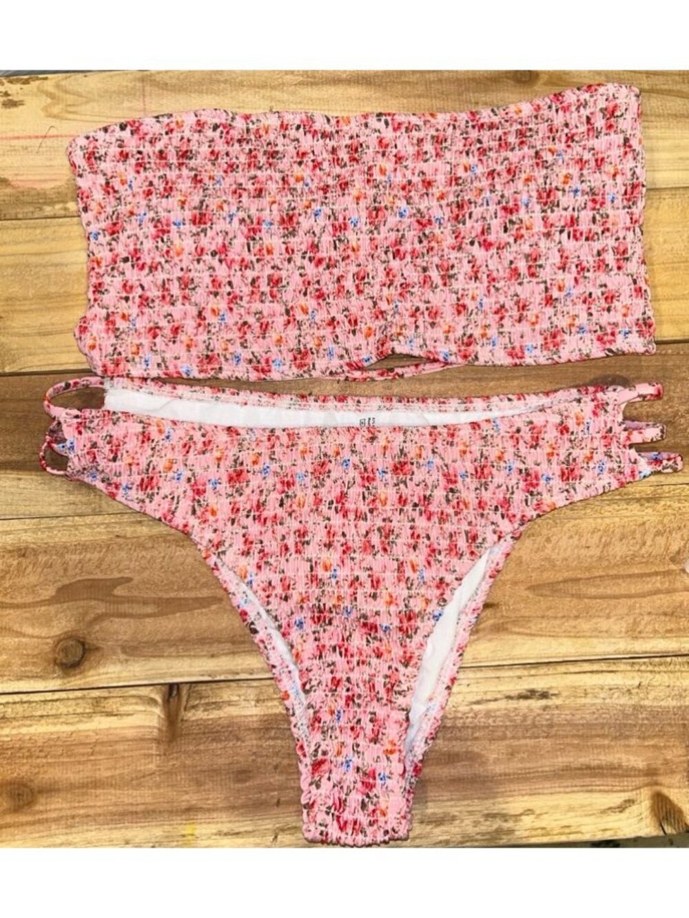 NEW High Cut Bandeau Bikini Floral Pink Cheeky Strapless Sexy size L